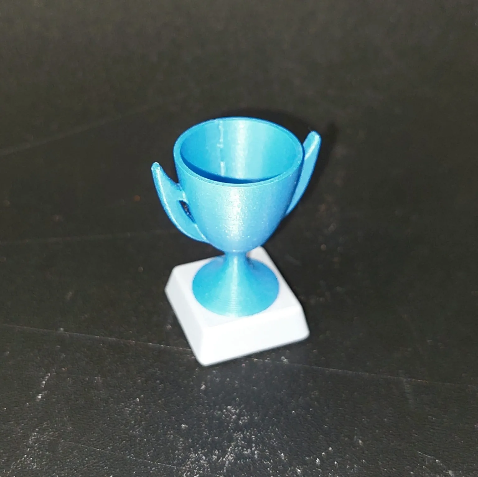 Plavi 3D ispisani trofej na bijelom postolju